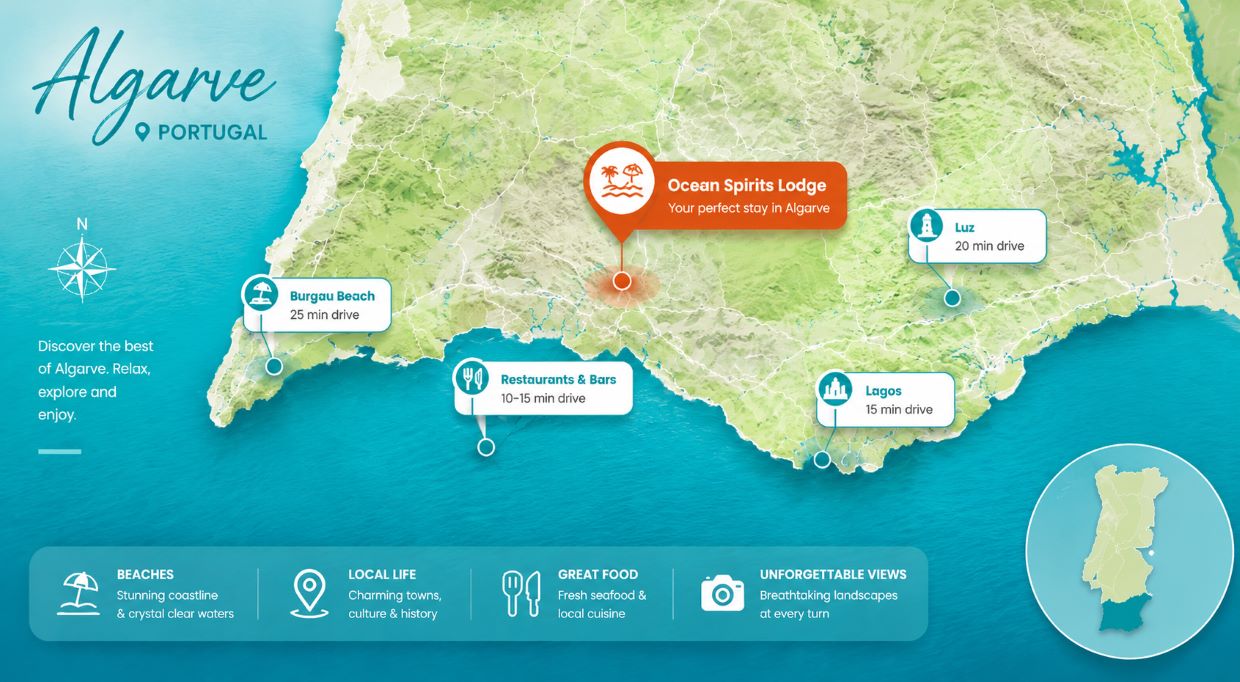 Map showing Ocean Spirits Lodge and nearby beaches, Lagos, and local amenities